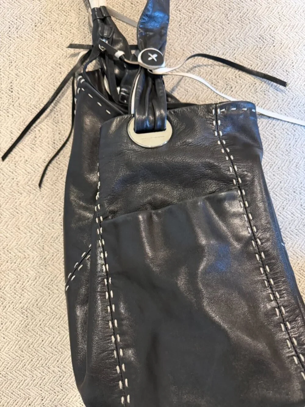 Francesco Biasia Black Leather Hobo Bag Slouchy Shoulder Bag Contrast Stitch